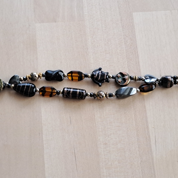 Black & Amber Art Glass, Golden and Hematite Charm Double Strand Beaded Bracelet - Picture 7 of 12